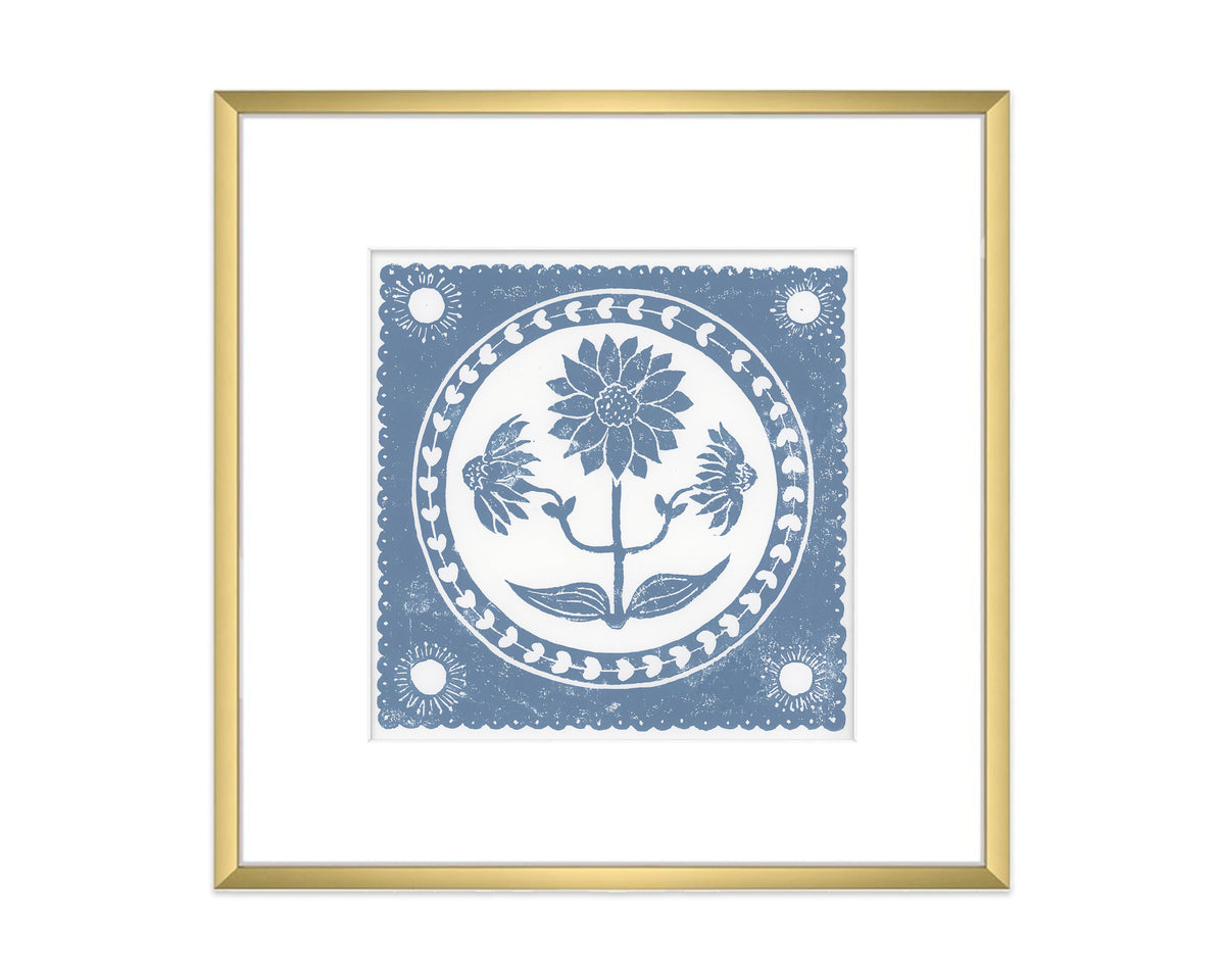 cornflower blue and white sunflower flower block print in a gold matted frame on white background - botanical wall art decor
