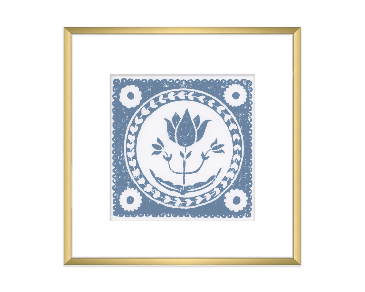 cornflower blue and white tulip flower block print in a gold matted frame on white background - botanical wall art decor