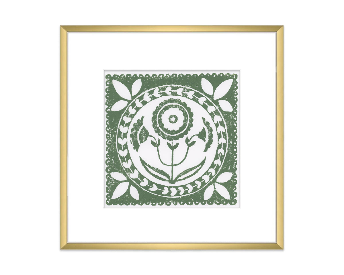 green and white daffodil flower block print in a gold matted frame on white background - botanical wall art decor