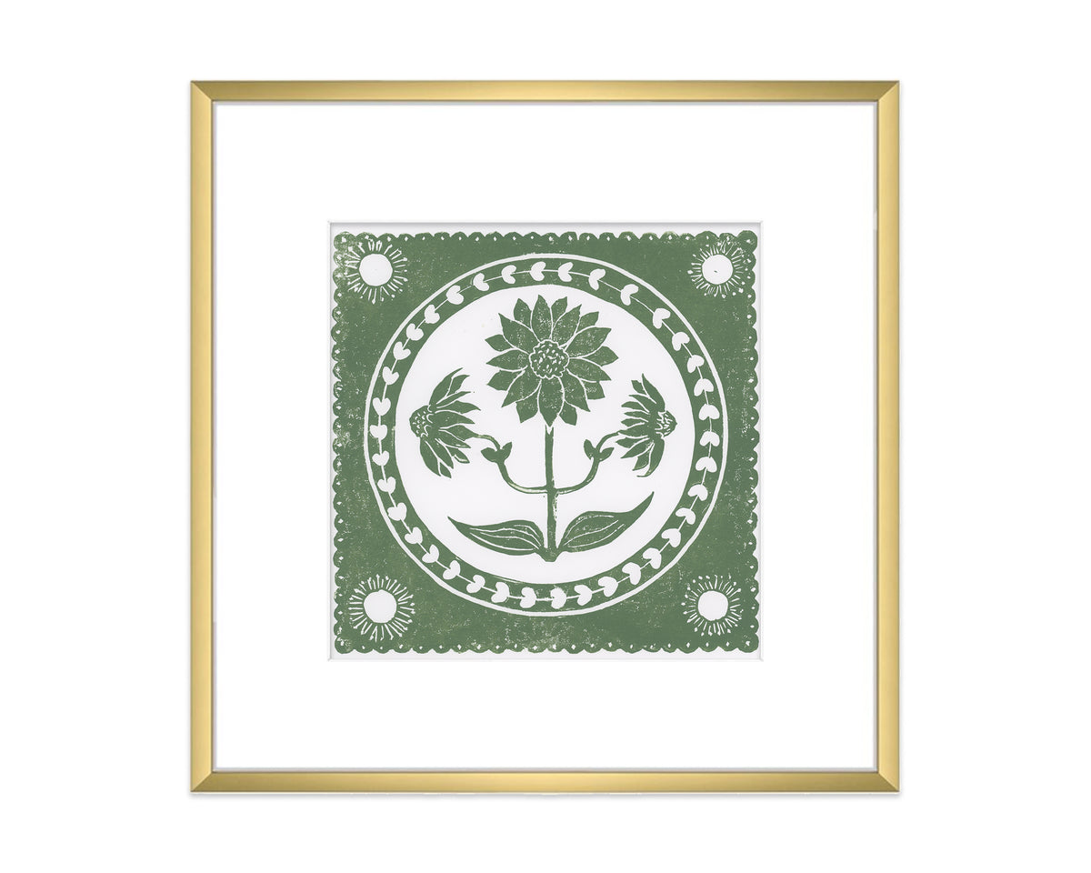 green and white sunflower flower block print in a gold matted frame on white background - botanical wall art decor