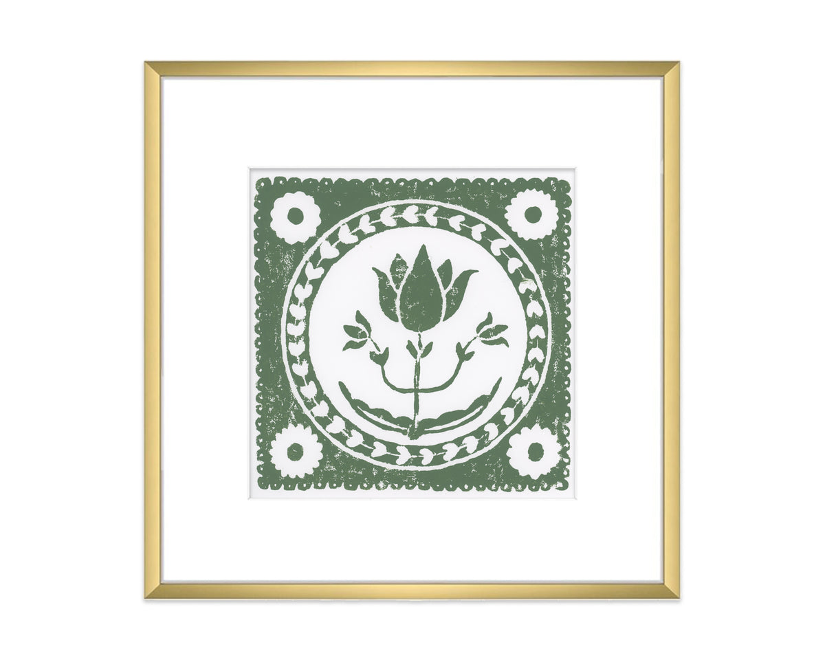 green and white tulip flower block print in a gold matted frame on white background - botanical wall art decor