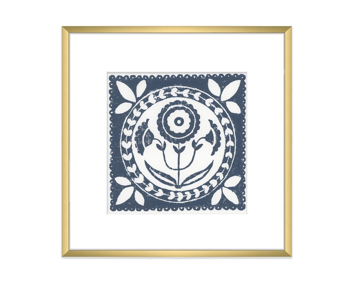 navy blue and white daffodil flower block print in a gold matted frame on white background - botanical wall art decor