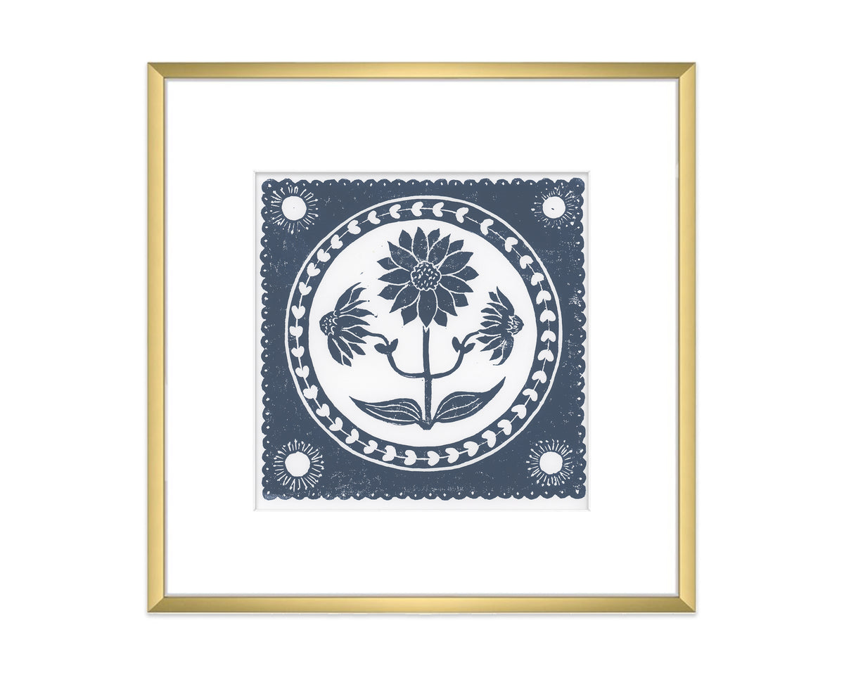 navy blue and white sunflower flower block print in a gold matted frame on white background - botanical wall art decor
