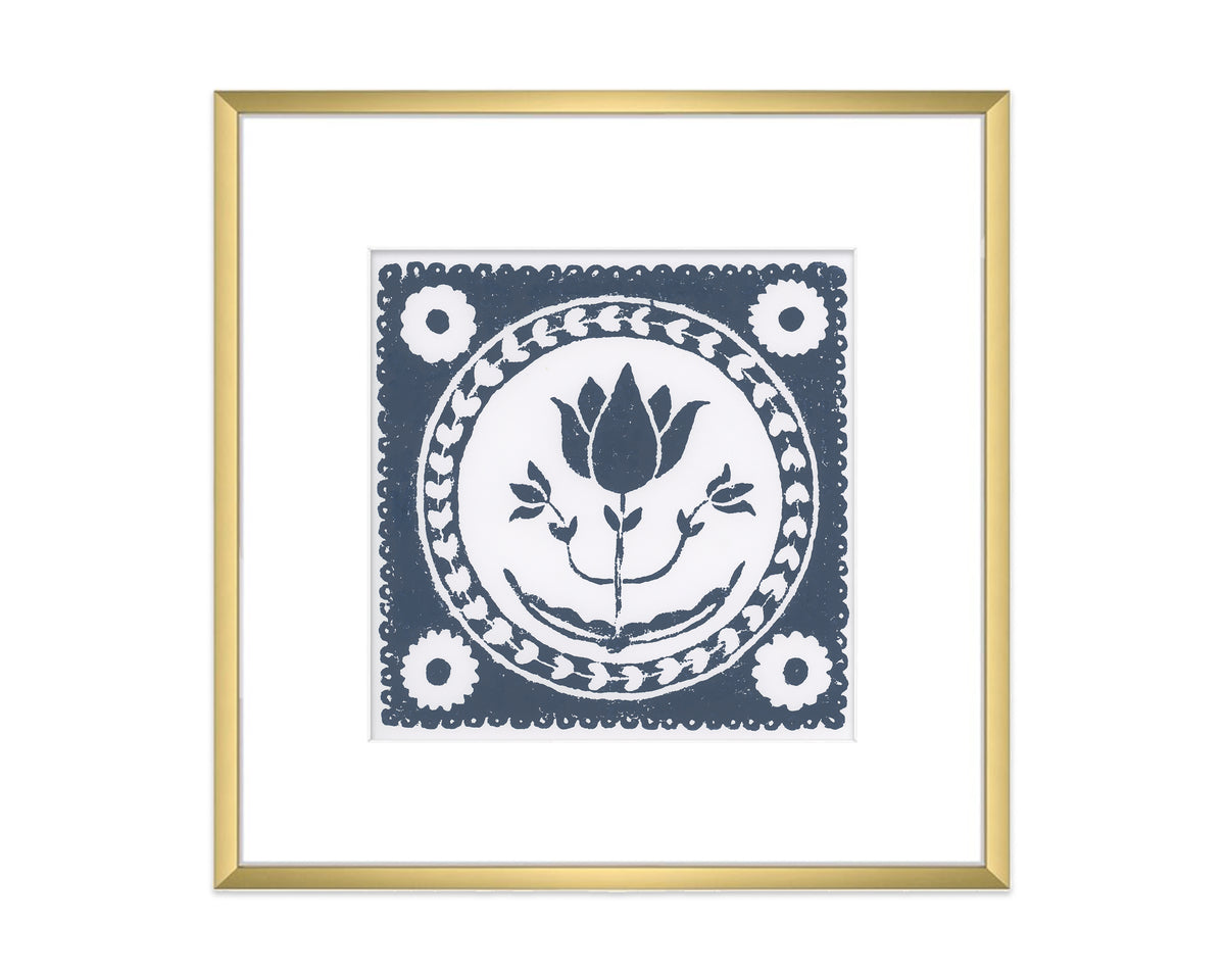 navy blue and white tulip flower block print in a gold matted frame on white background - botanical wall art decor