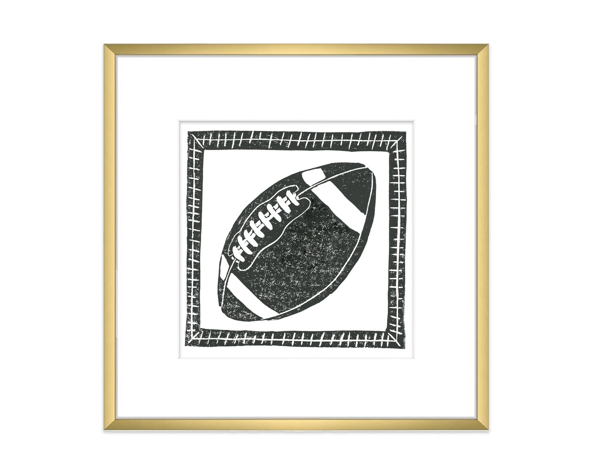 Framed black and white illustration of a football on a white background