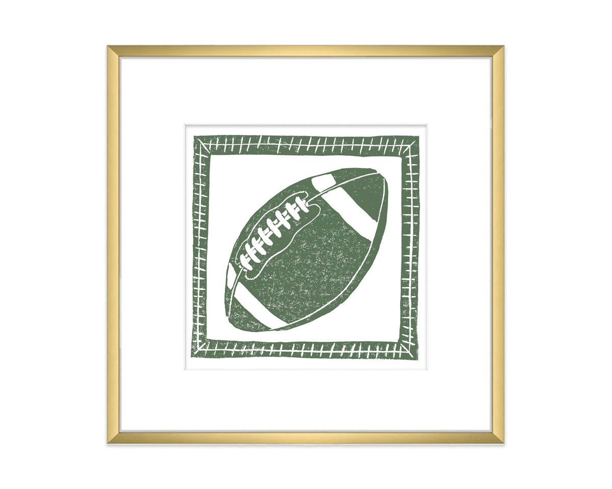 Framed green and white illustration of a football on a white background