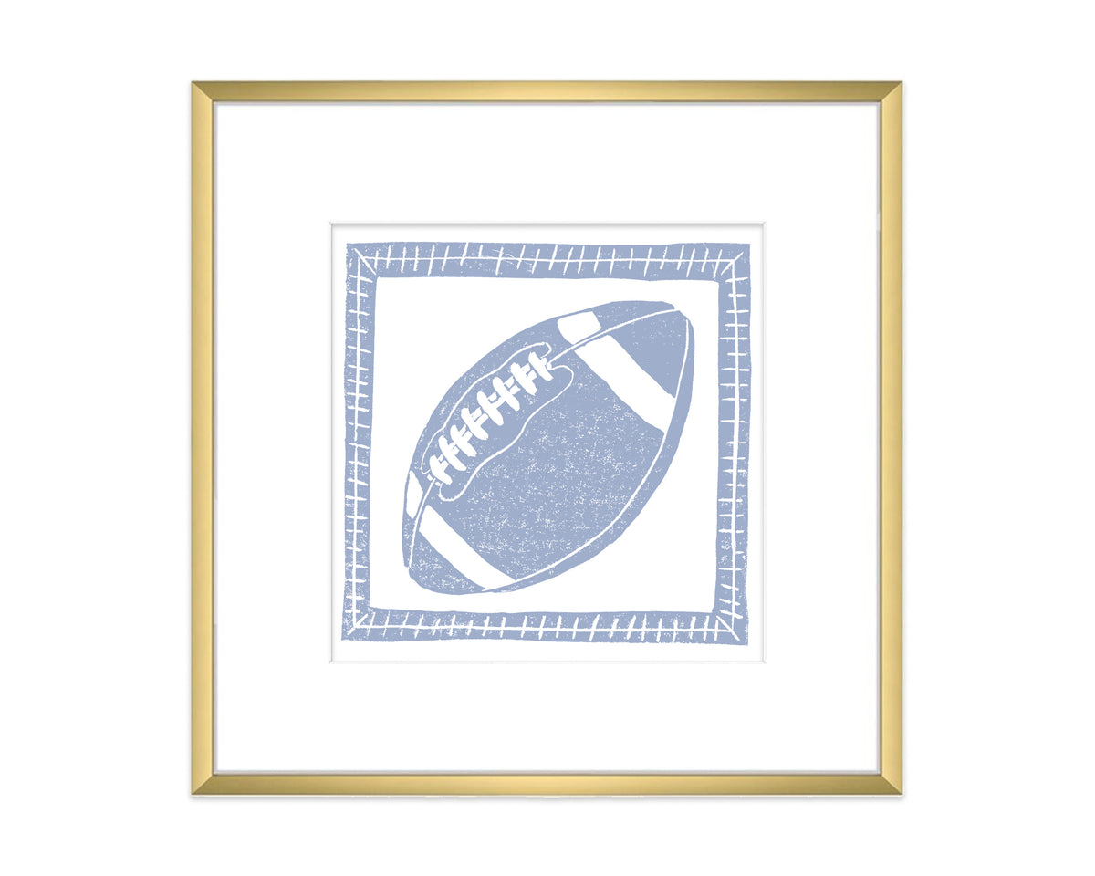 Framed artwork of a blue football on a white background
