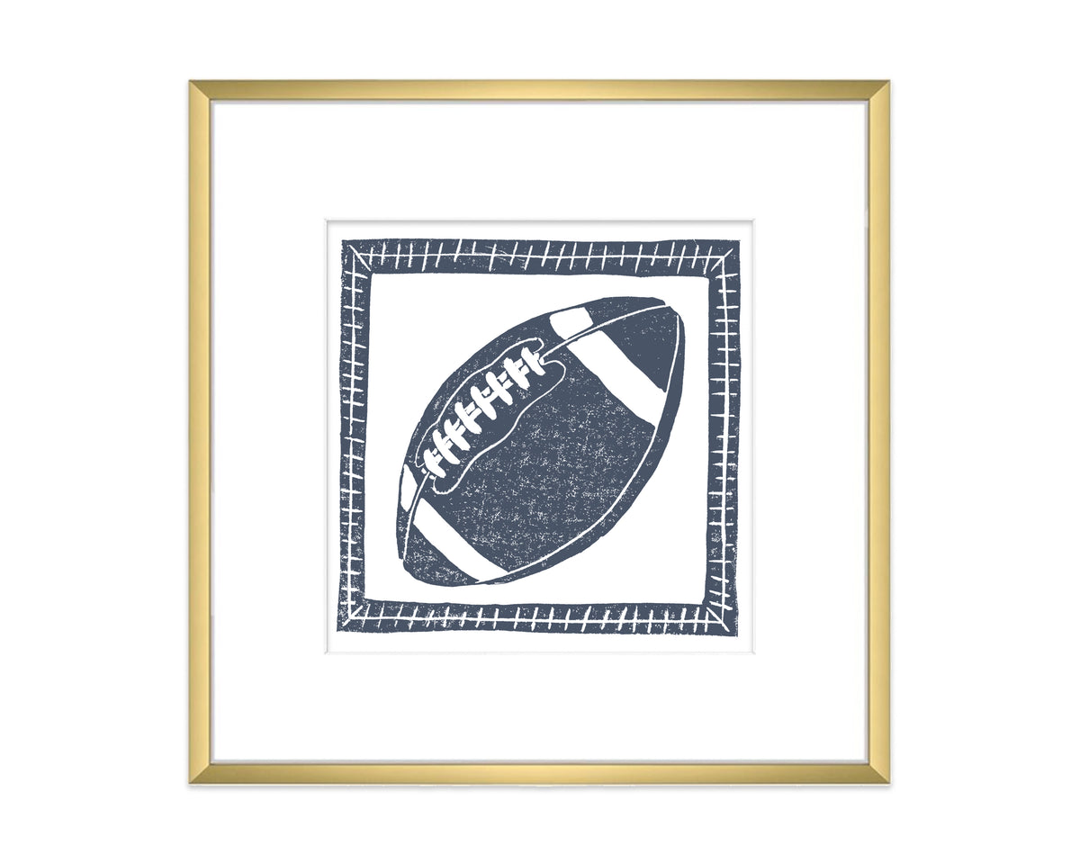 Framed navy and white illustration of a football on a white background