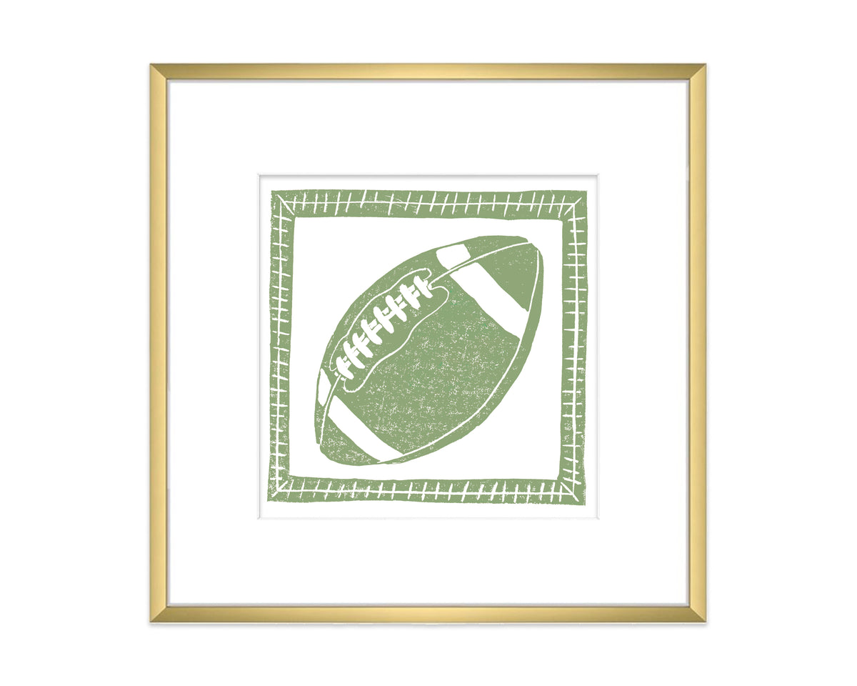 Framed artwork of a green football on a white background
