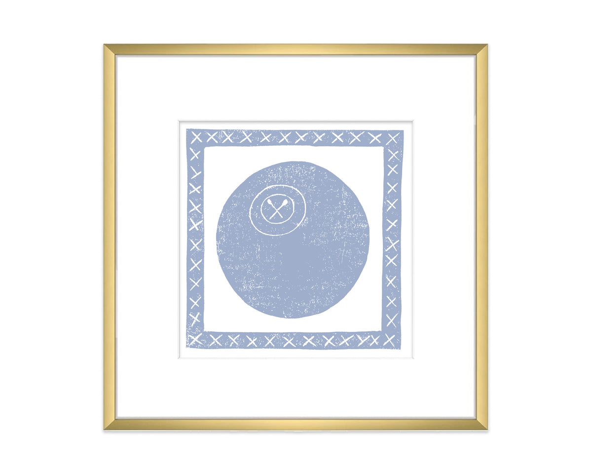 Framed artwork with a blue lacrosse ball design and gold frame on a white background
