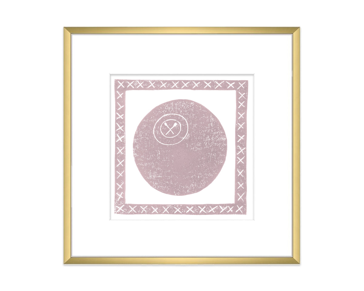 Framed artwork with a pink lacrosse ball design and gold frame on a white background