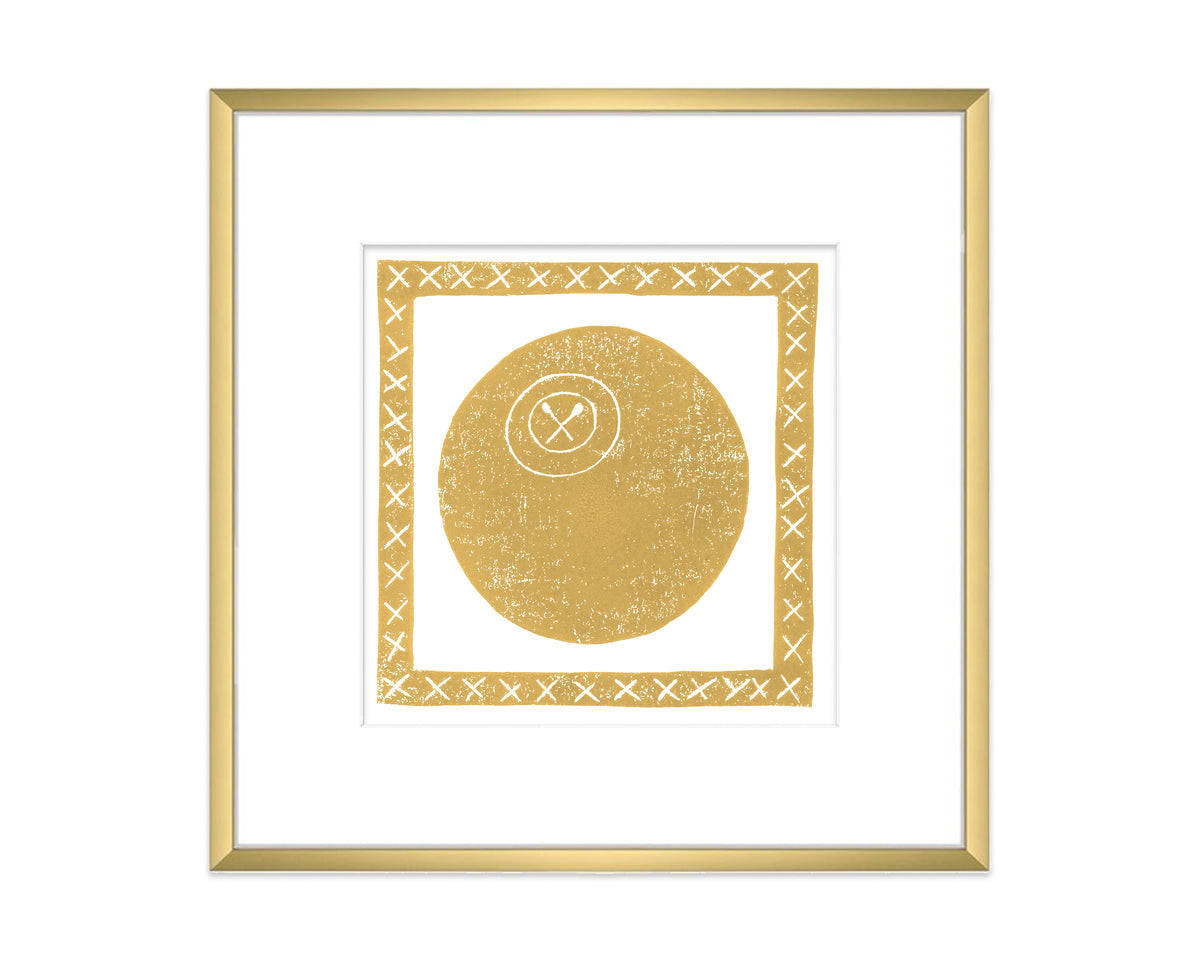 Framed artwork with a gold lacrosse ball design on a white background
