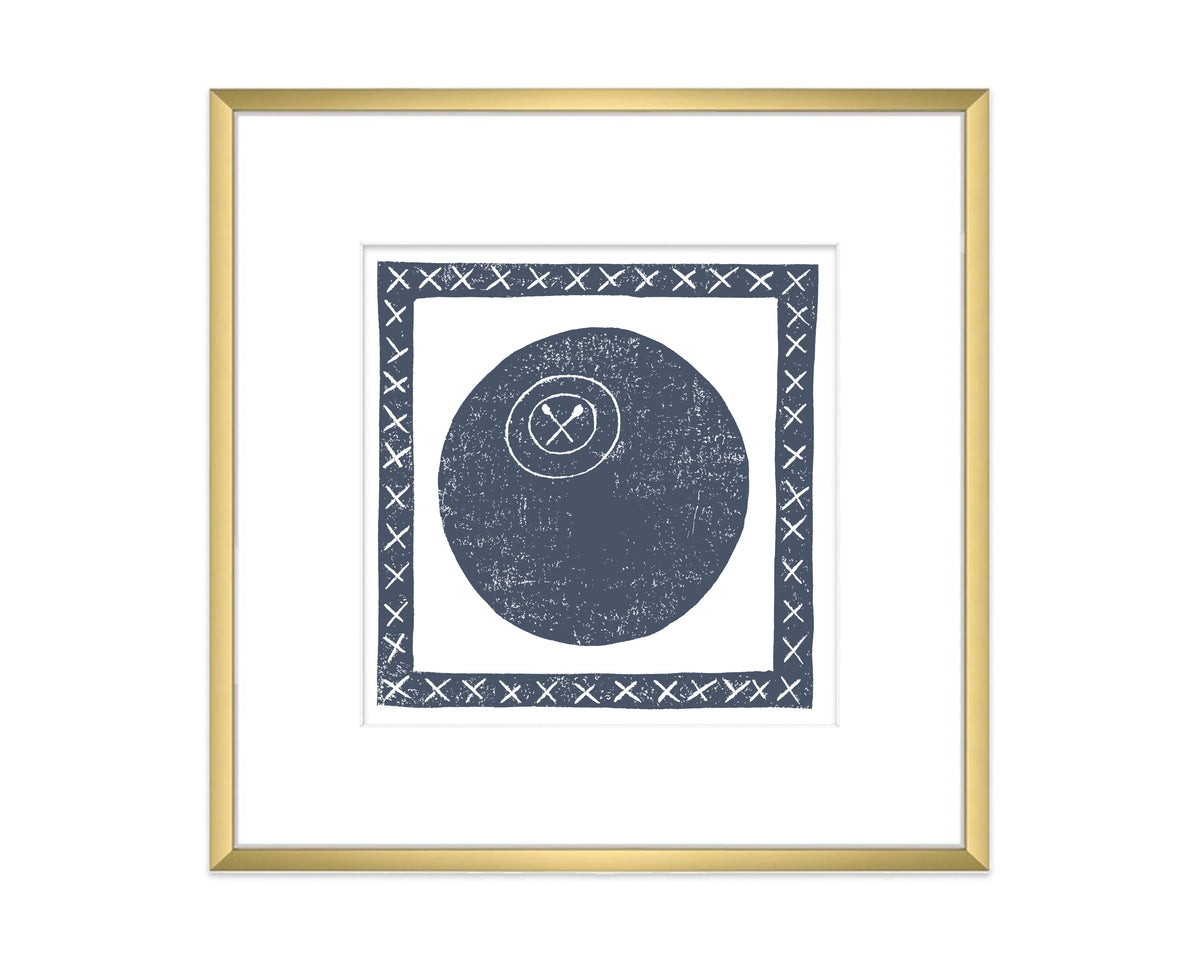 Framed artwork with a blue lacrosse ball design and gold frame on a white background