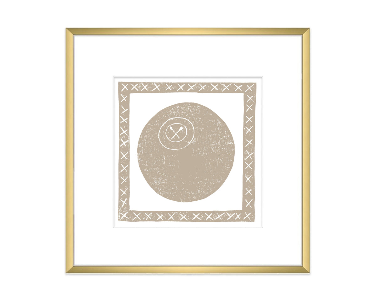 Framed artwork with a circular design and cross symbol on a white background
