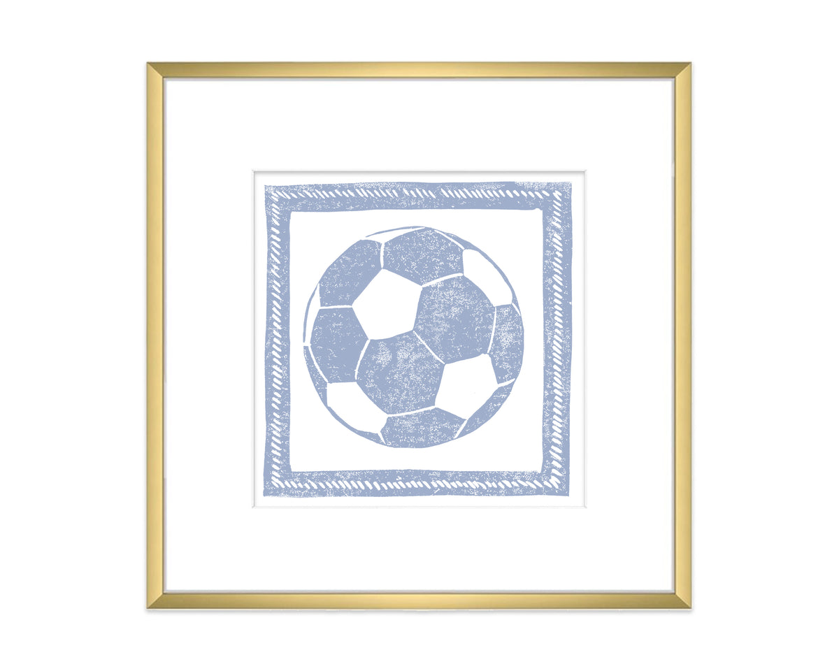 Framed artwork of a blue soccer ball with decorative border on a white background
