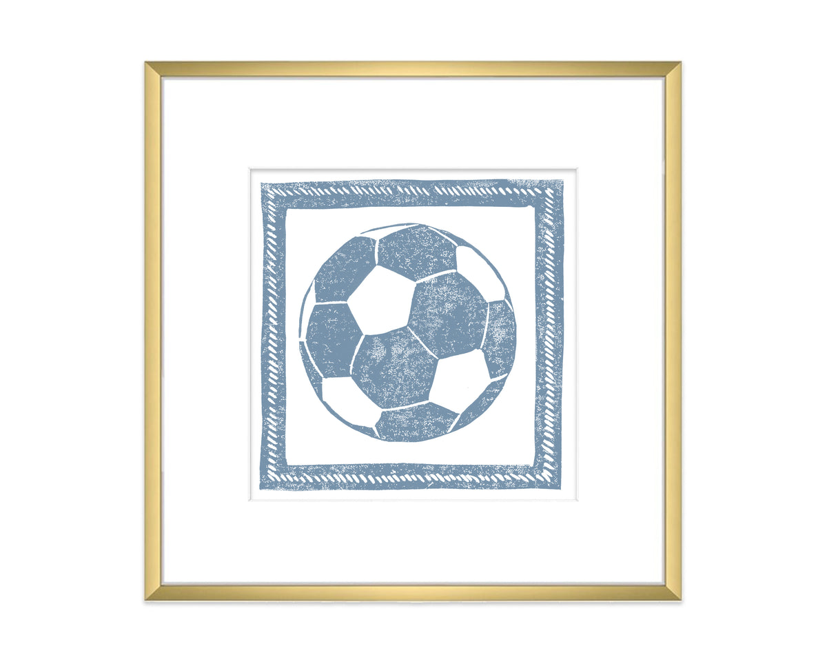 Framed artwork of a blue soccer ball design on a white background