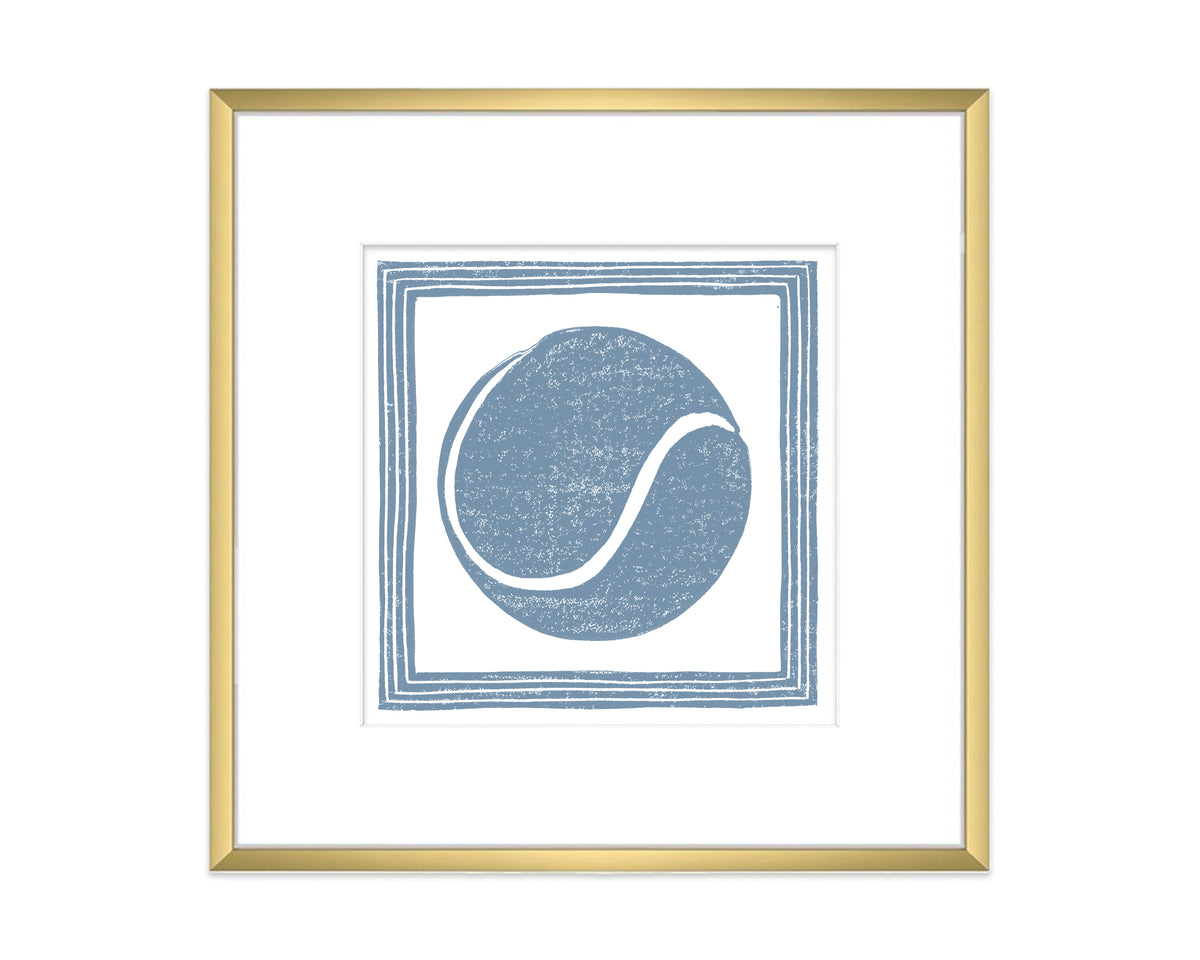 Framed artwork with a blue tennis ball design on a white background
