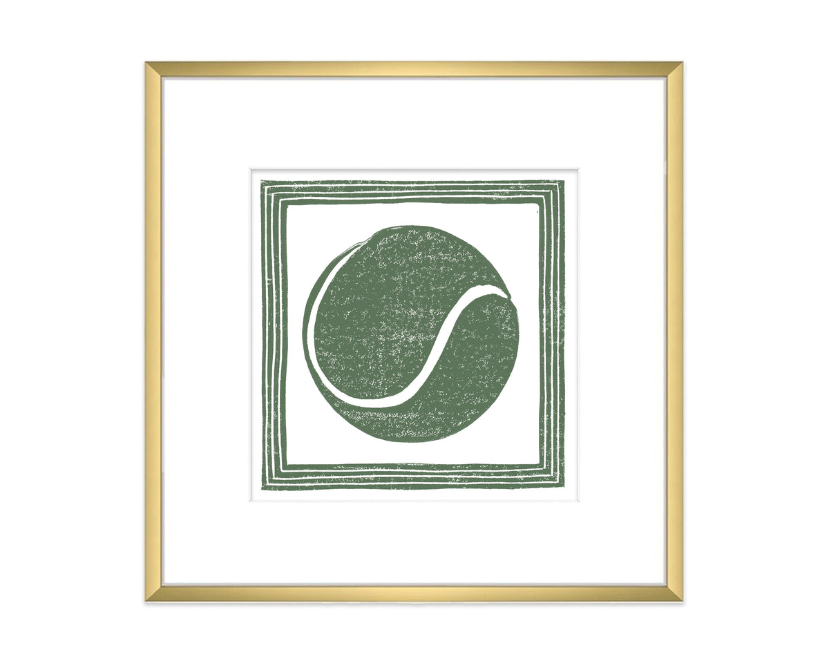 Framed artwork with a green tennis ball design on a white background