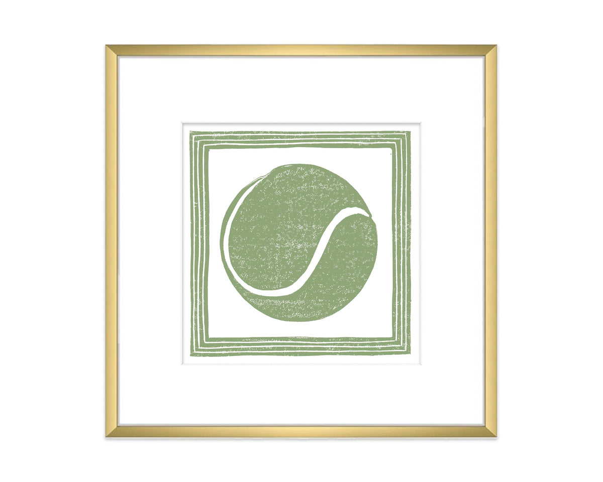 Framed artwork with a green tennis ball and white line on a white background
