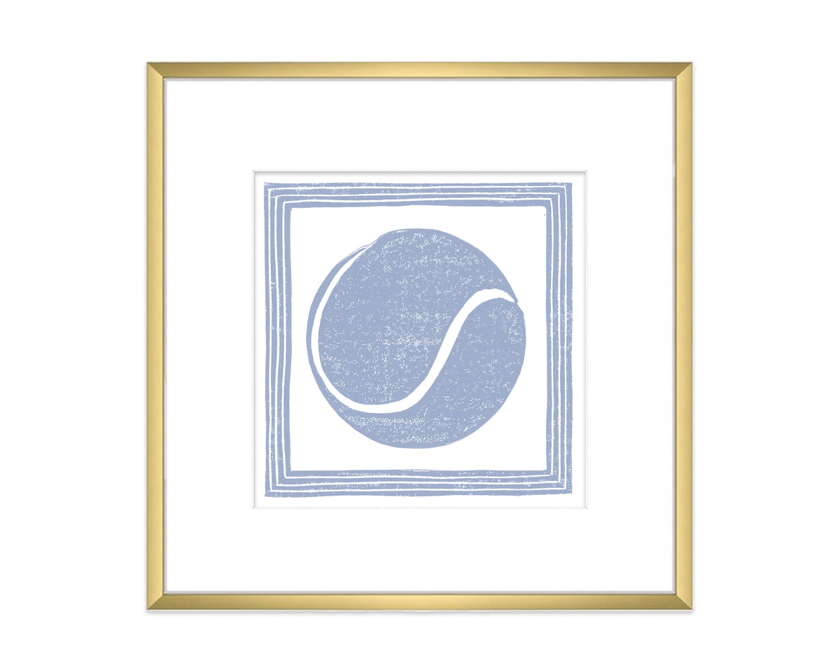 Framed artwork with a blue tennis ball design on a white background