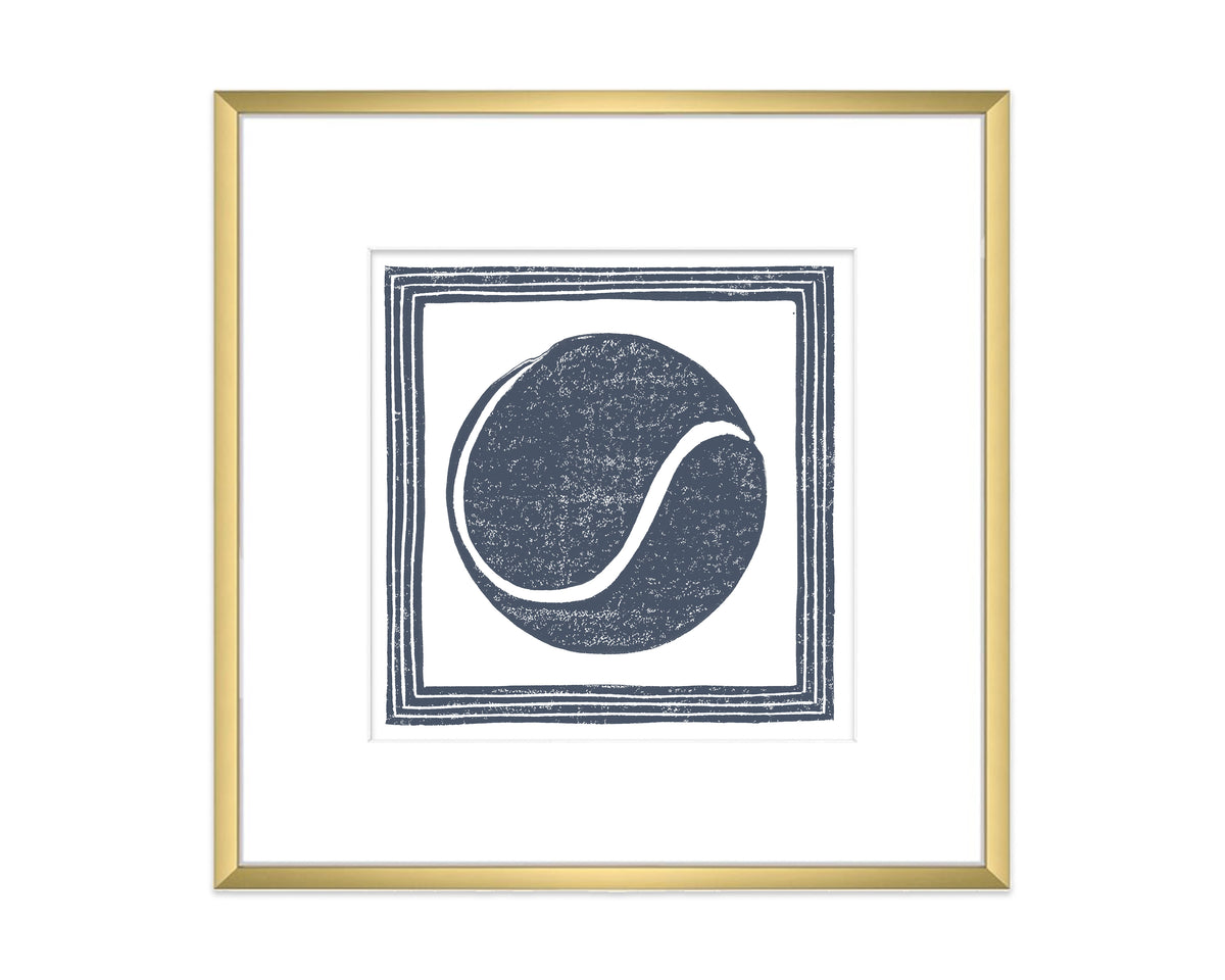 Framed artwork with a navy blue tennis ball design on a white background