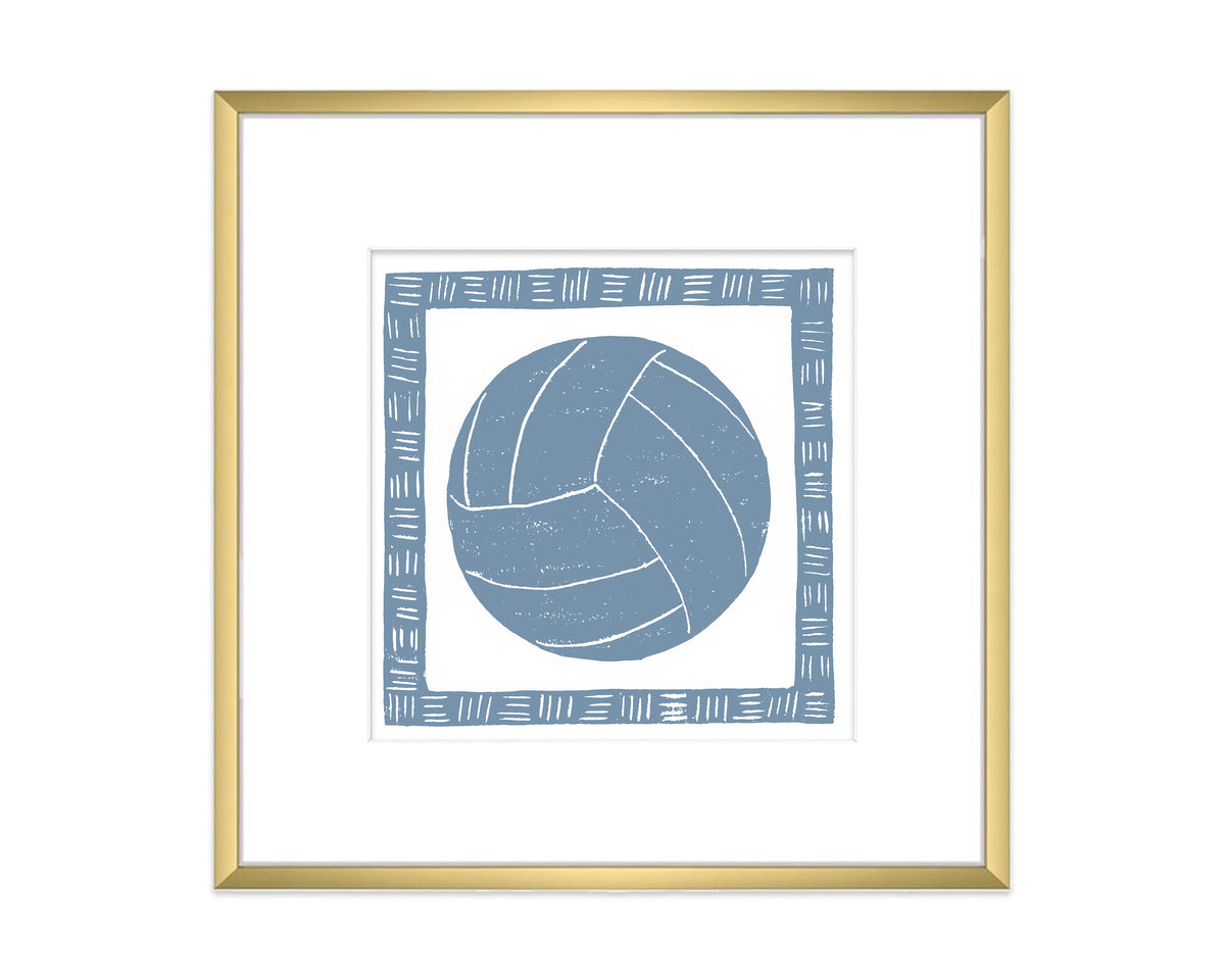 Framed artwork of a blue soccer ball with a gold frame on a white background
