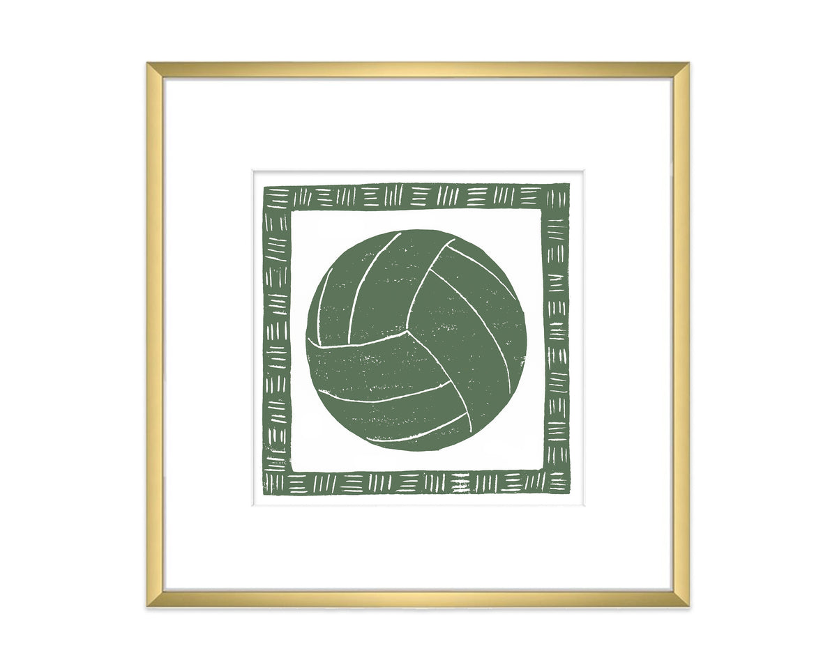 Framed artwork of a green soccer ball with a gold frame on a white background