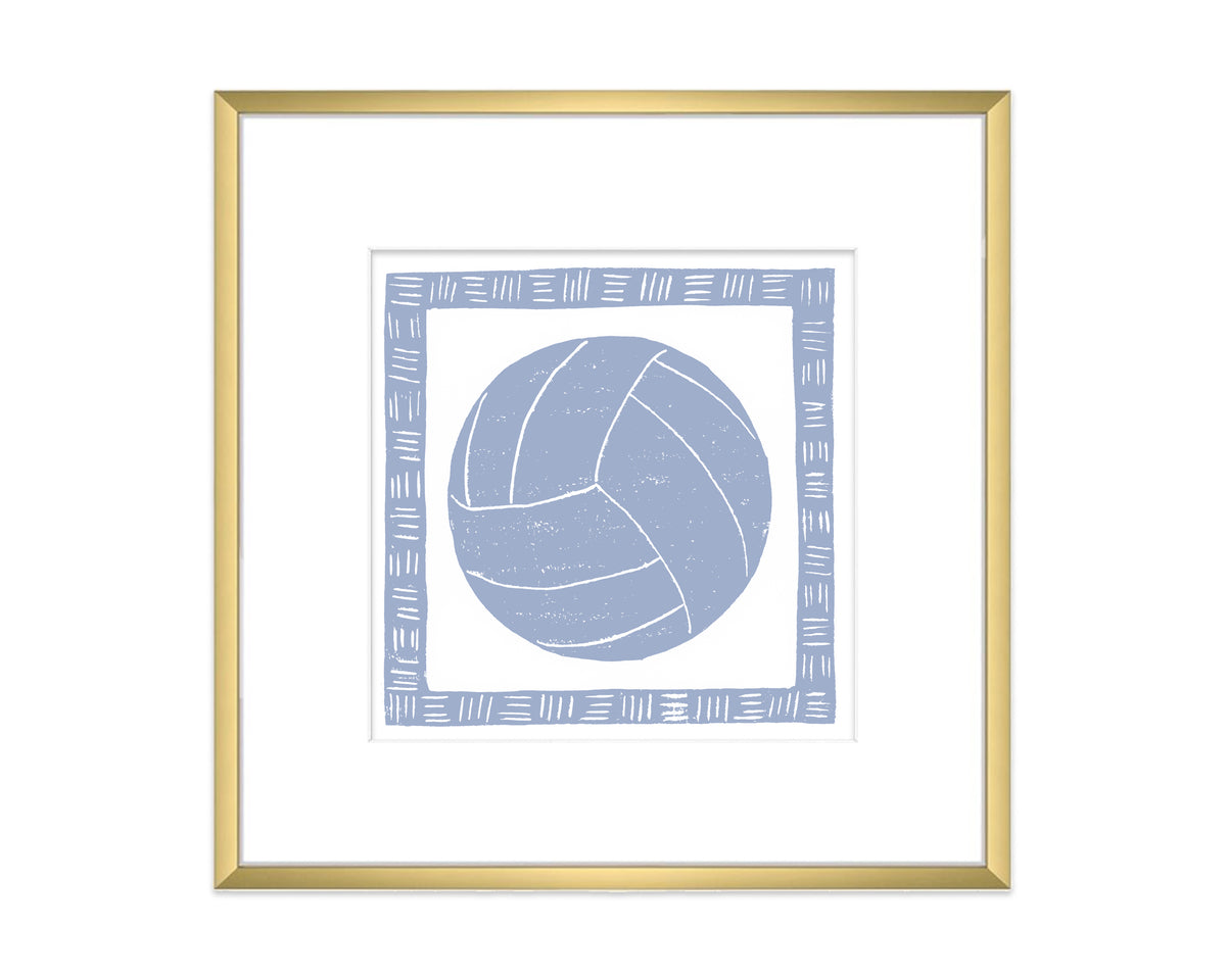 Framed artwork of a blue soccer ball with geometric patterns on a white background