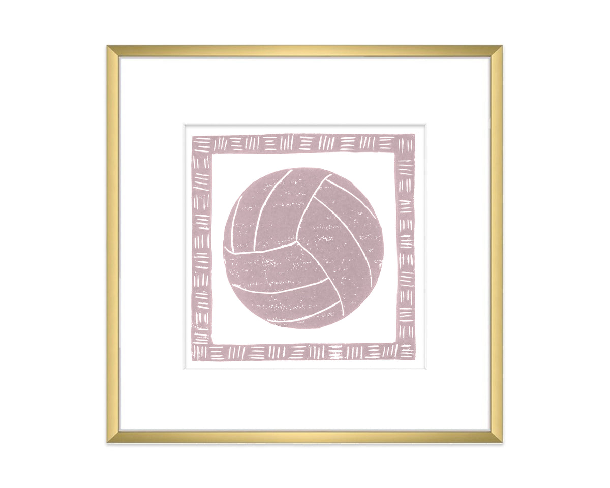 Framed artwork of a pink volleyball on a white background