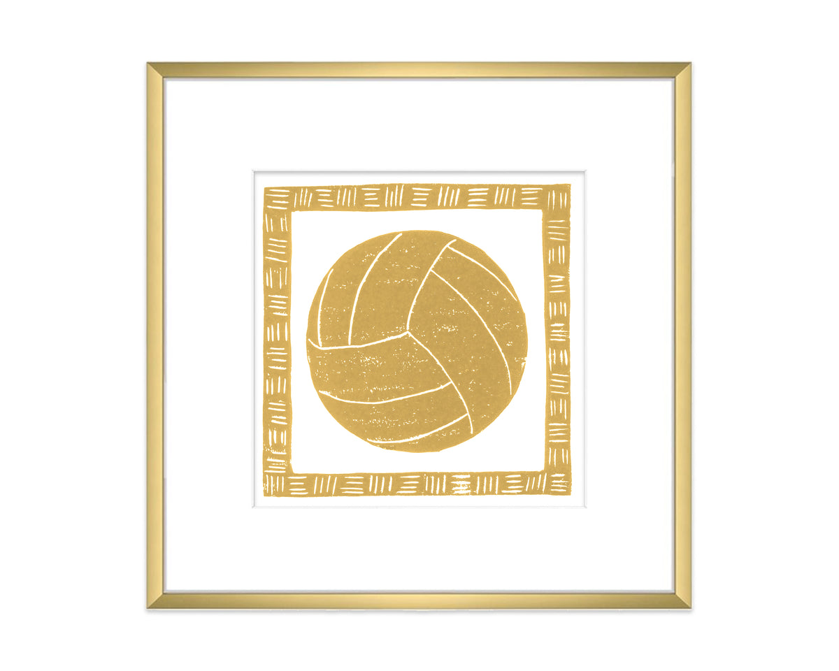 Framed artwork of a gold volleyball with decorative border on a white background