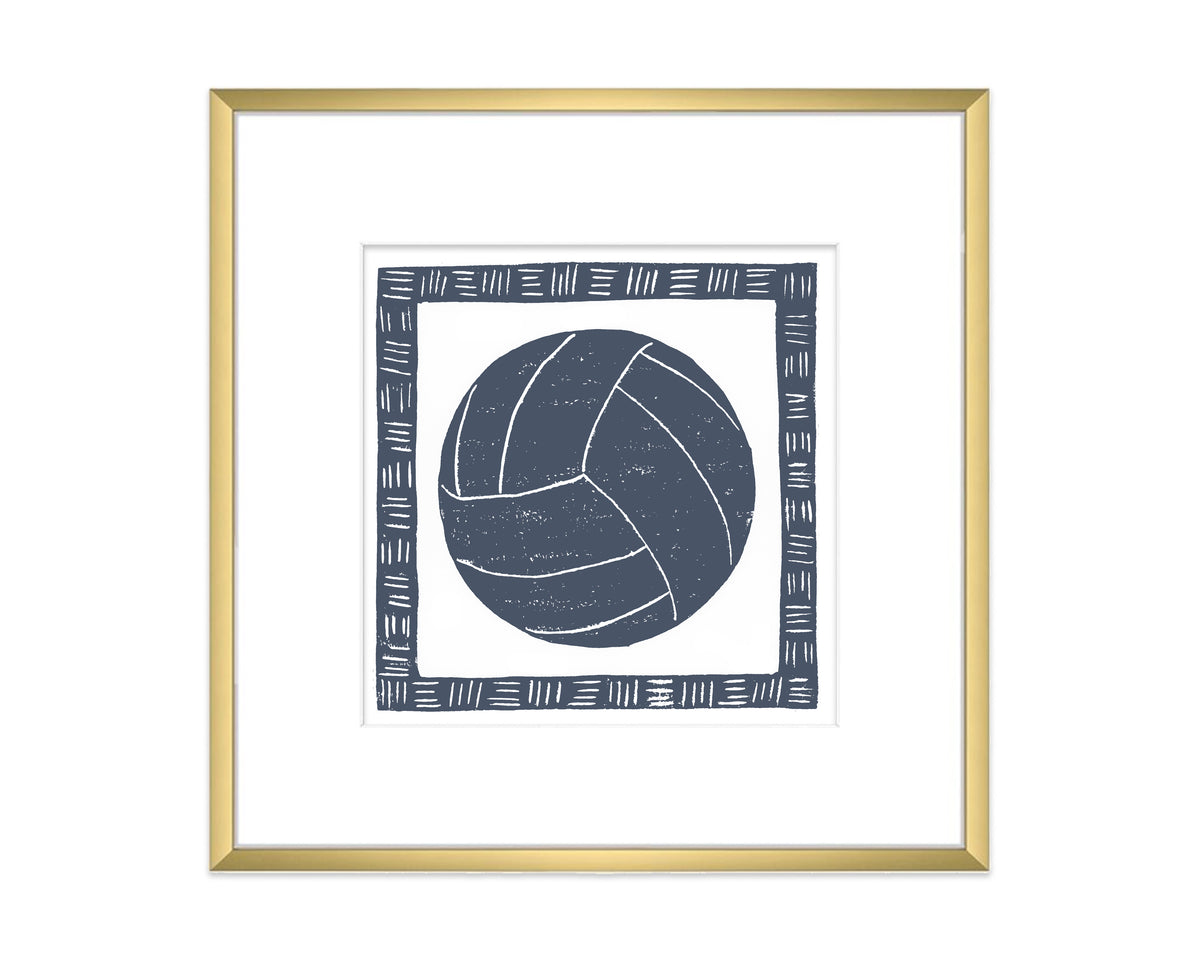 Framed artwork of a blue volleyball with decorative border on a white background
