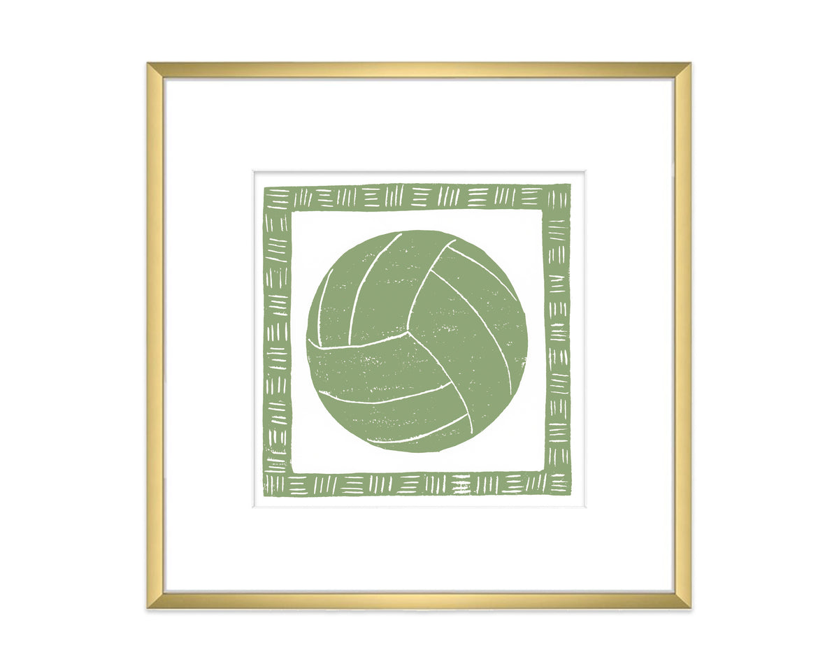 Framed artwork of a green volleyball with a gold frame on a white background