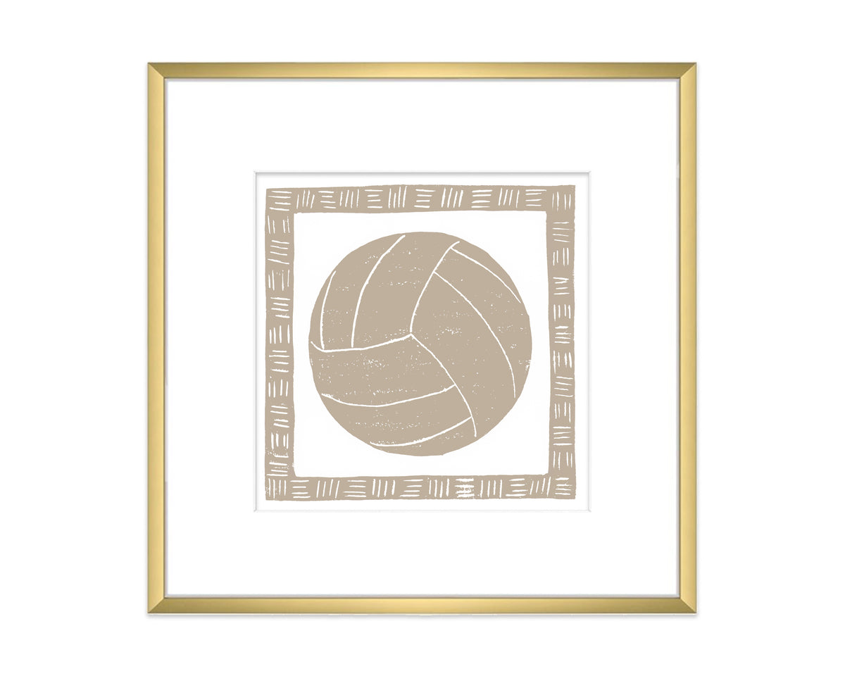 Framed artwork of a beige volleyball on a white background