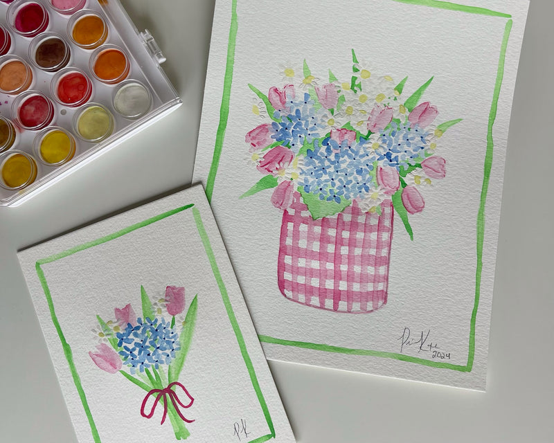 paintings of pink tulips and blue hydrangea