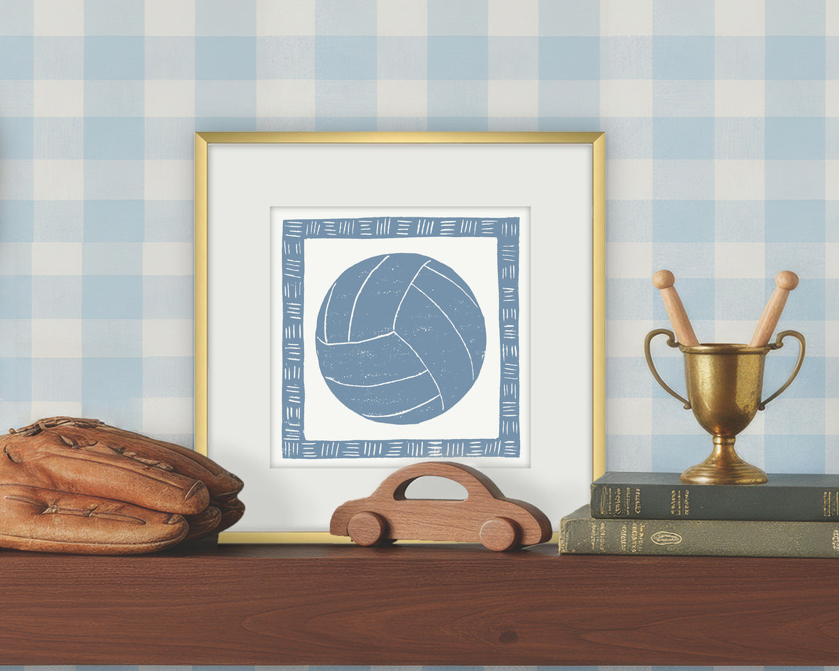 Framed artwork of a blue and white volleyball on a white background, displayed on a shelf with a checkered wall.