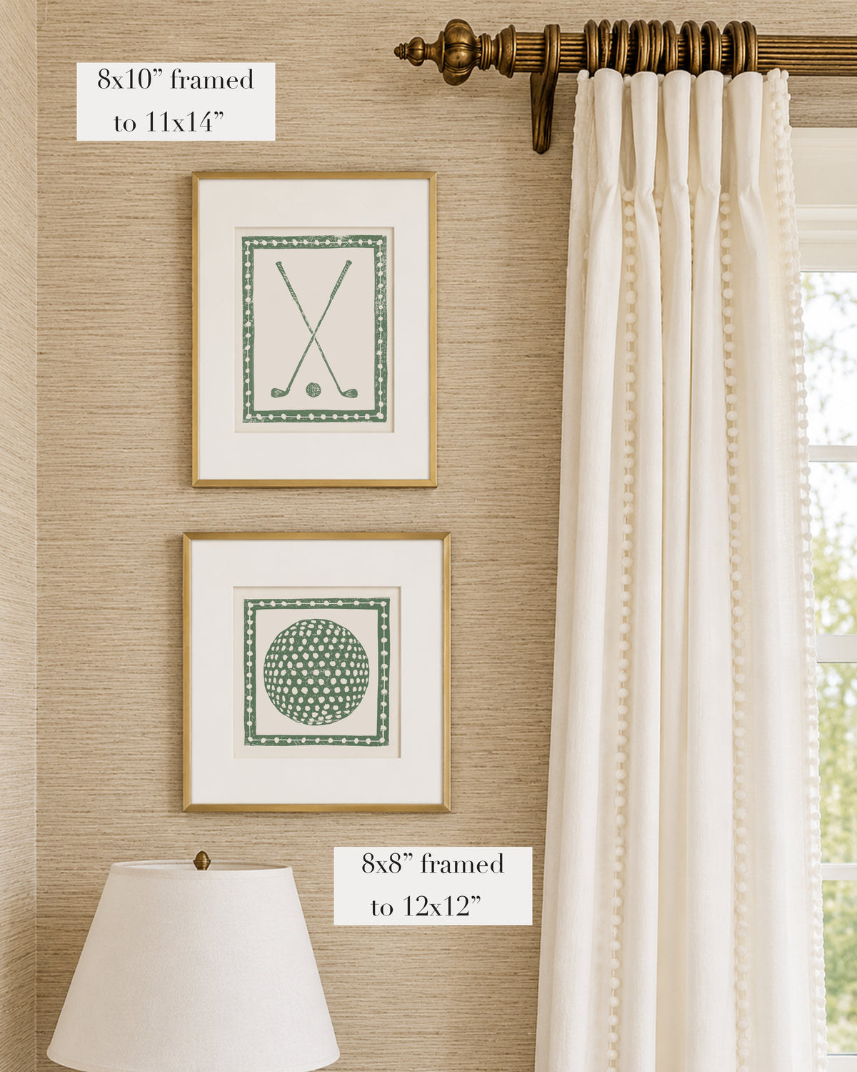 Framed grass green and white golf themed artwork on a tan grasscloth wallpapered wall with a white window treatment and lampshade