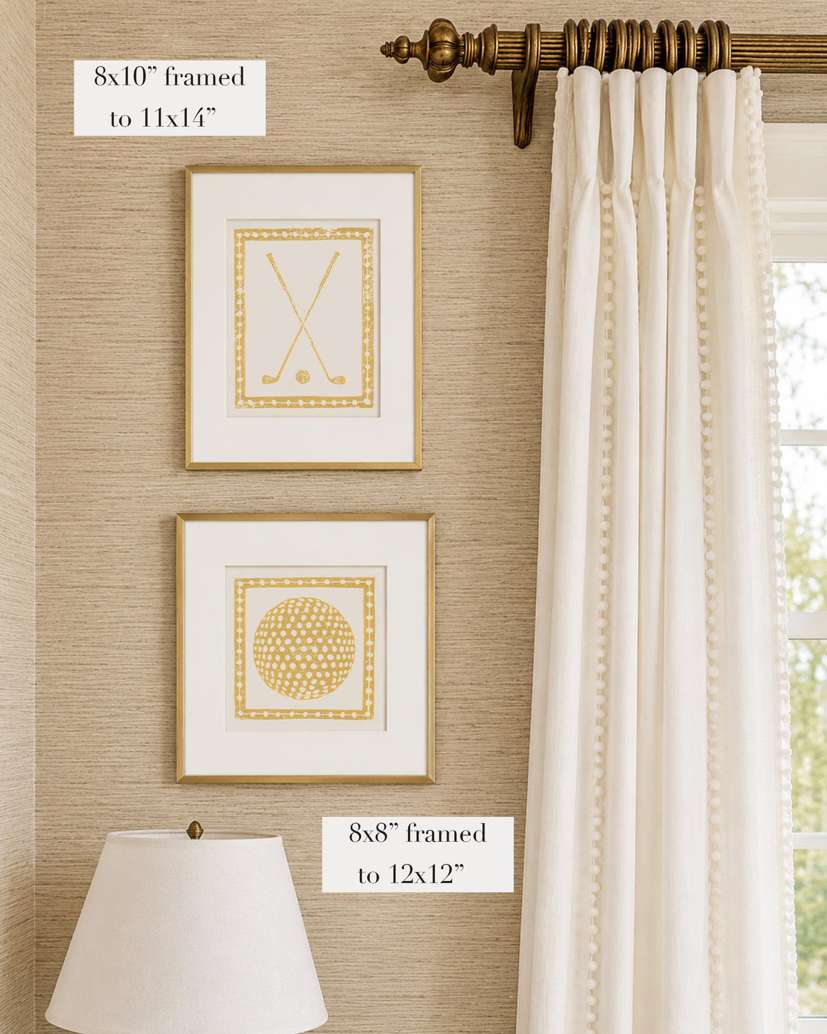 Framed mustard yellow and white golf themed artwork on a tan grasscloth wallpapered wall with a white window treatment and lampshade