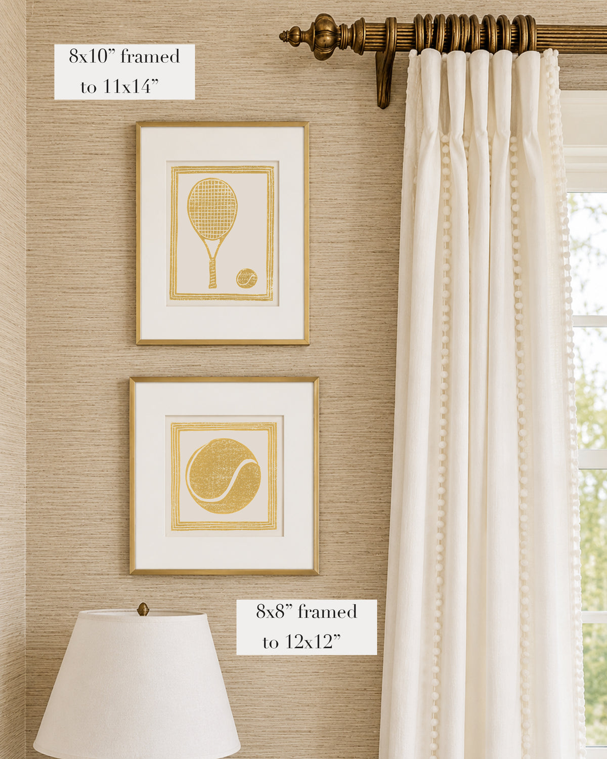 Framed mustard yellow and white tennis themed artwork on a tan grasscloth wallpapered wall with a white window treatment and lampshade