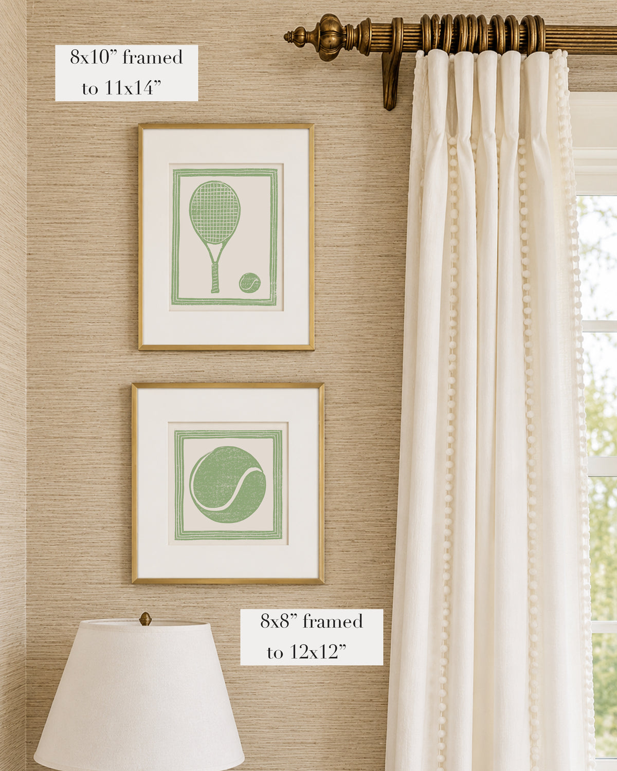 Framed sage green and white tennis themed artwork on a tan grasscloth wallpapered wall with a white window treatment and lampshade