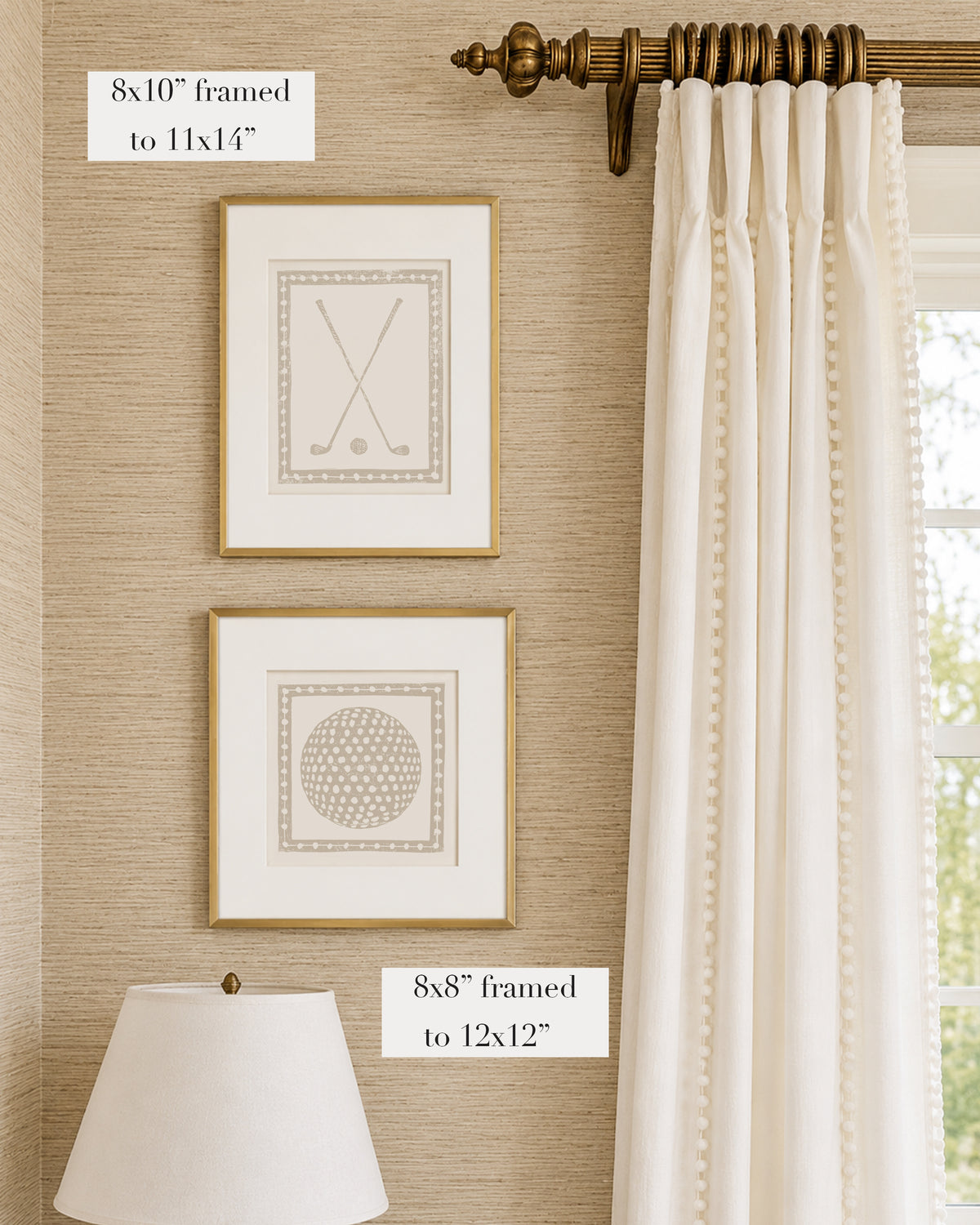 Framed light brown and white golf themed artwork on a tan grasscloth wallpapered wall with a white window treatment and lampshade