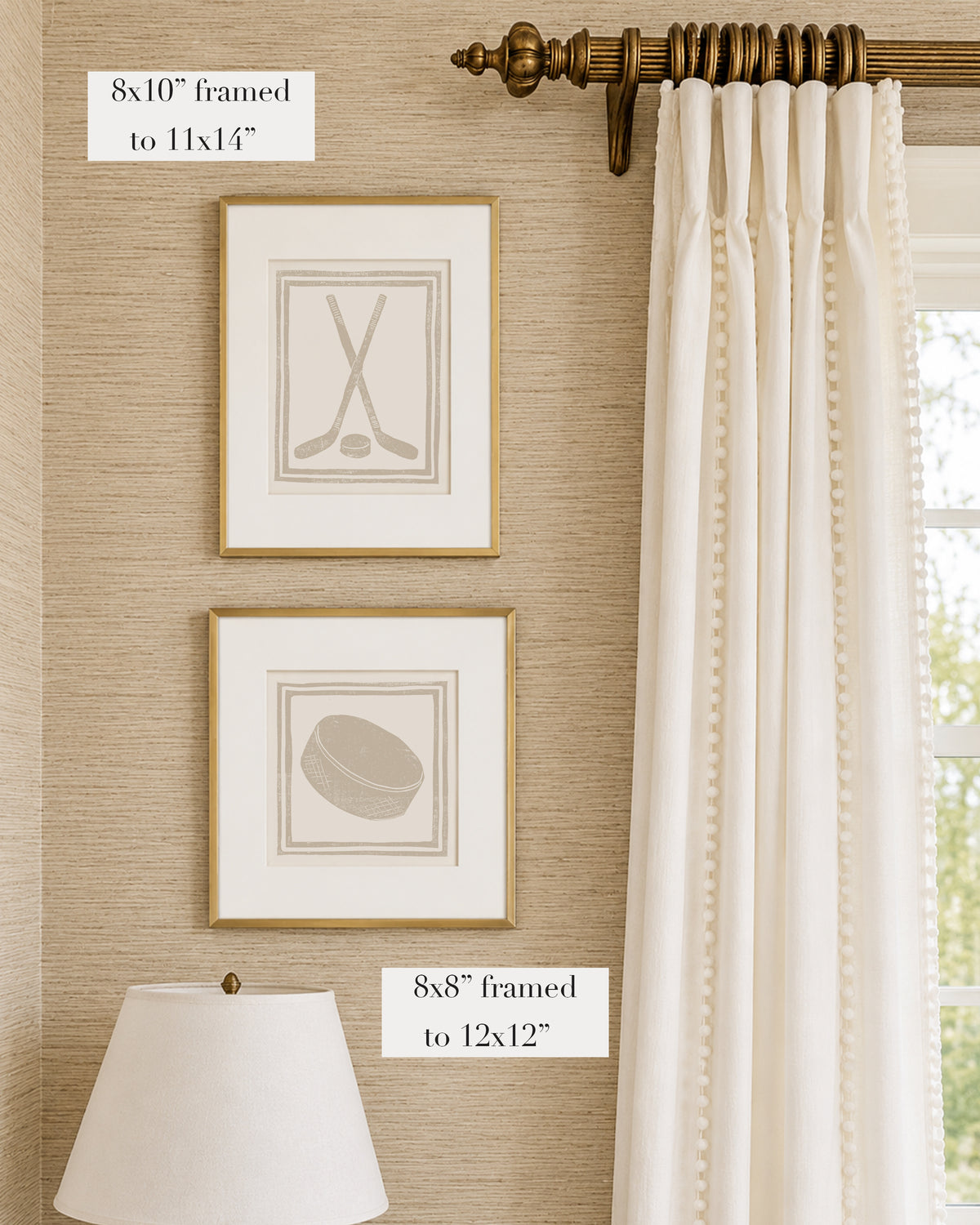 Framed tan and white hockey themed artwork on a tan grasscloth wallpapered wall with a white window treatment and lampshade
