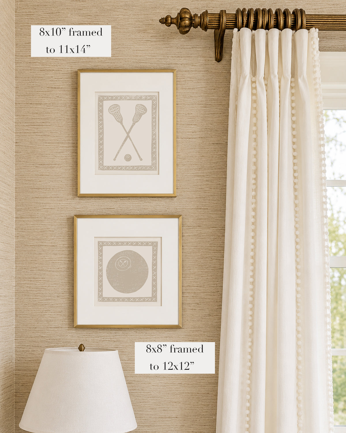 Framed tan and white lacrosse themed artwork on a tan grasscloth wallpapered wall with a white window treatment and lampshade