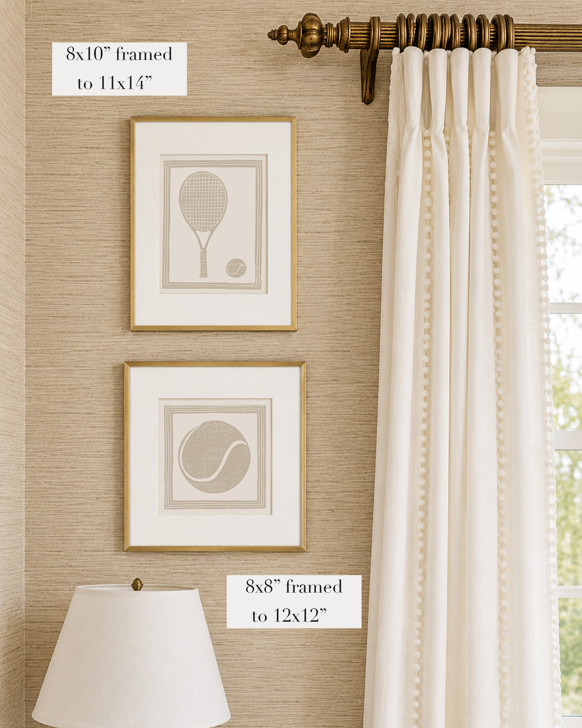 Framed tan and white tennis themed artwork on a tan grasscloth wallpapered wall with a white window treatment and lampshade