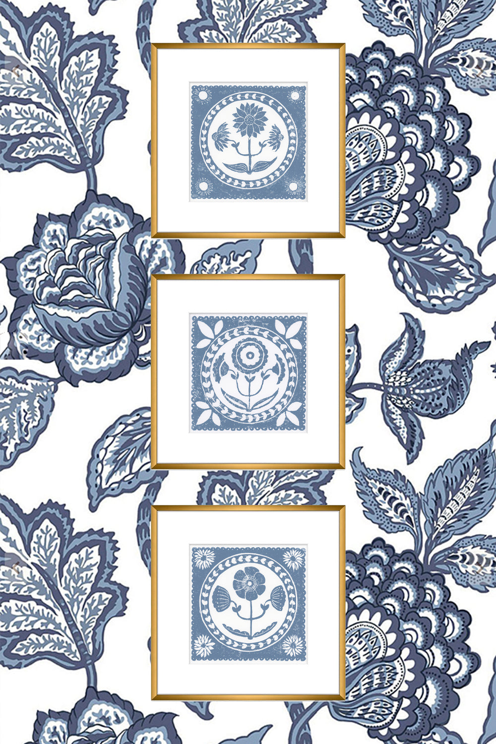 Decorative wallpaper with blue floral patterns and gold frames.