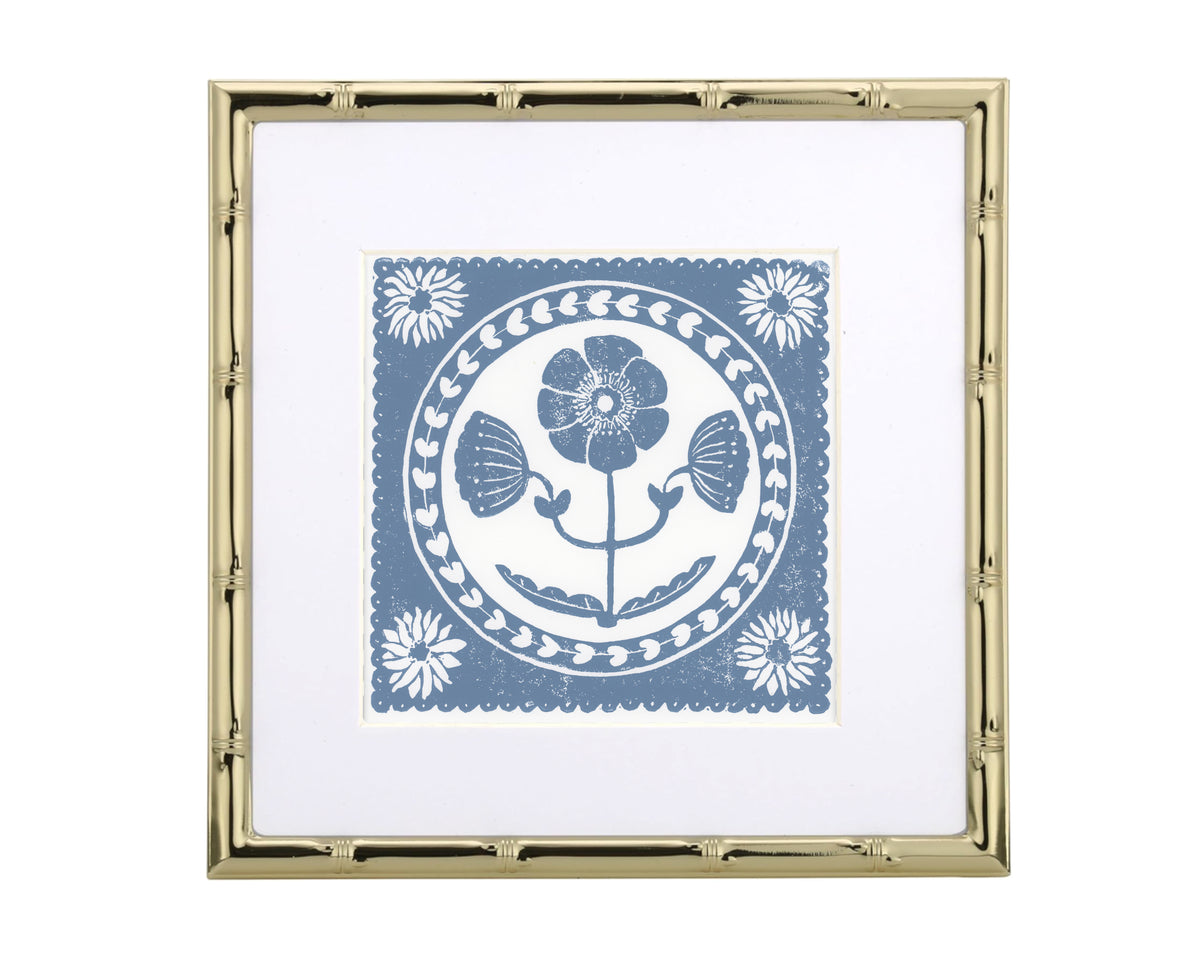 Framed artwork with a floral design on a white background