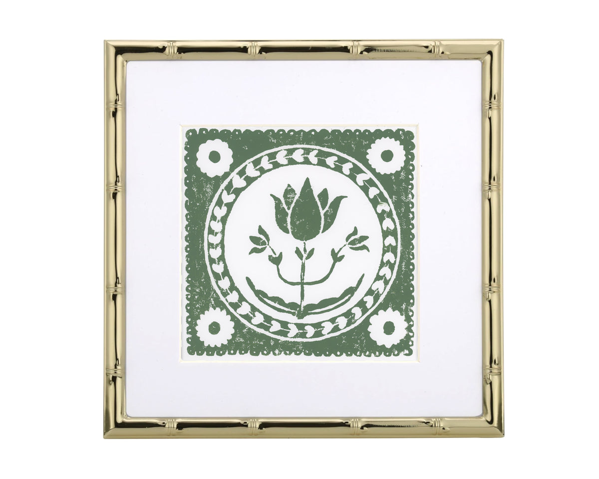 Decorative framed artwork with a green floral design on a white background