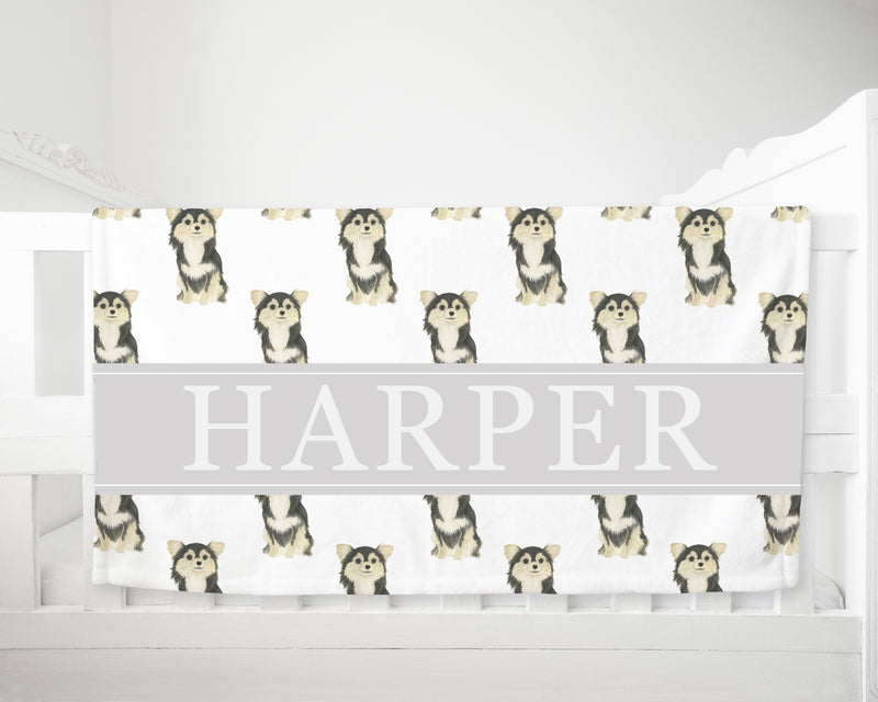 Personalized Chihuahua (Long Haired, Tricolor) Minky Baby Blanket