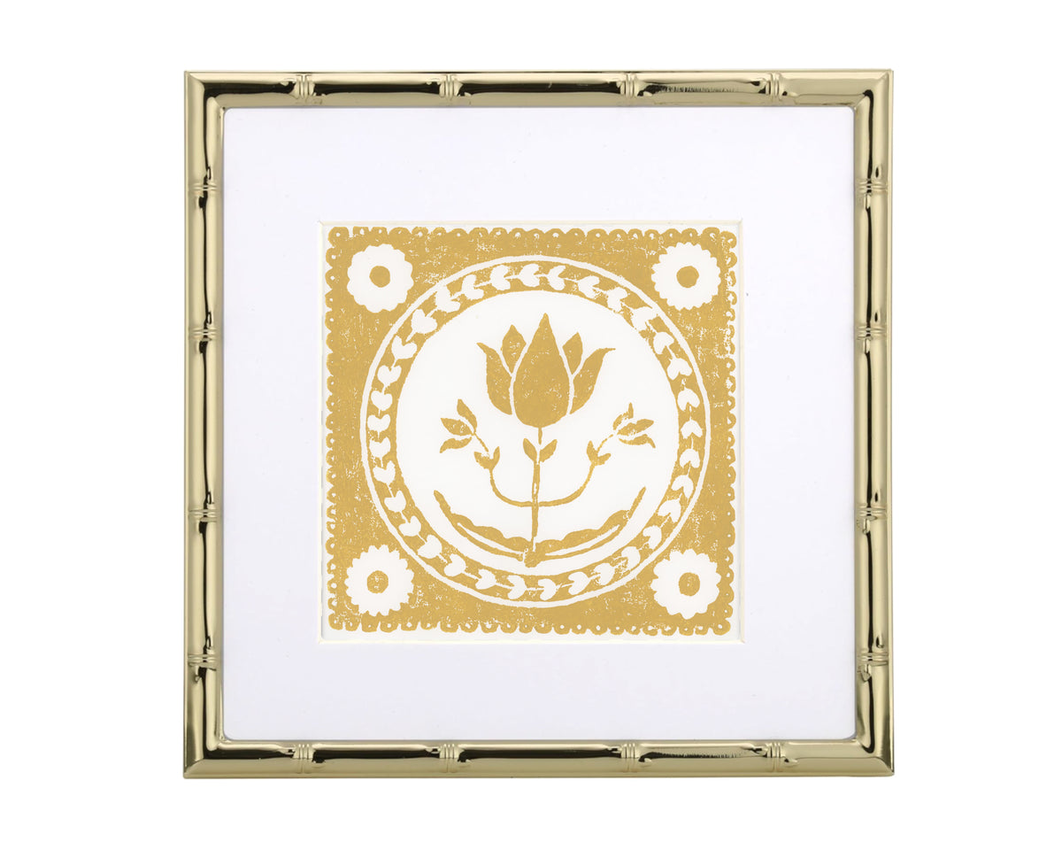 yellow and white floral artwork in a gold bamboo matted frame