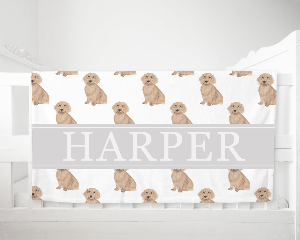Personalized Dachshund (Long Haired, Red) Minky Baby Blanket