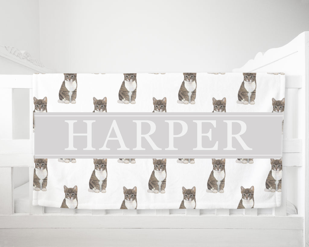 Personalized Tabby Cat (Grey) Minky Baby Blanket